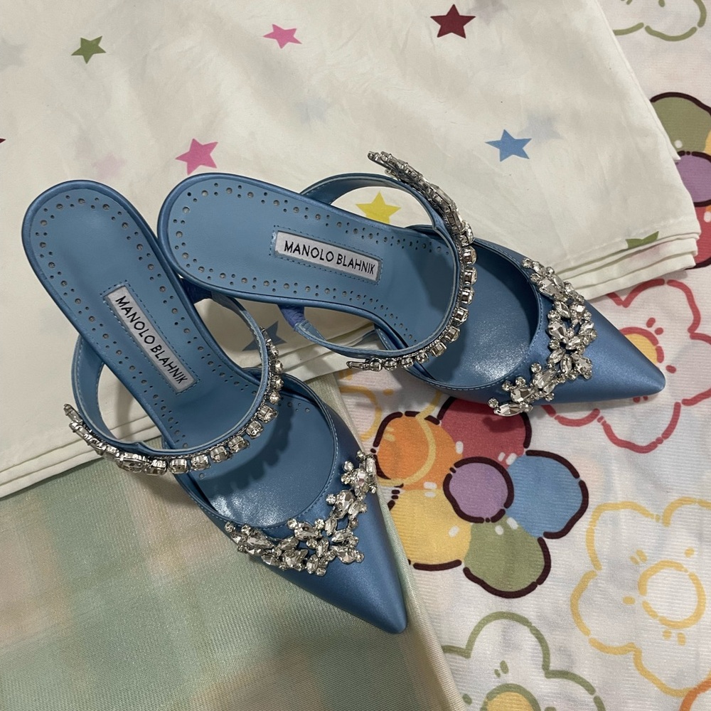 Manolo Blahnik Sky Blue Jeweled Satin Pointed-Toe Mules - Picture 6 of 10